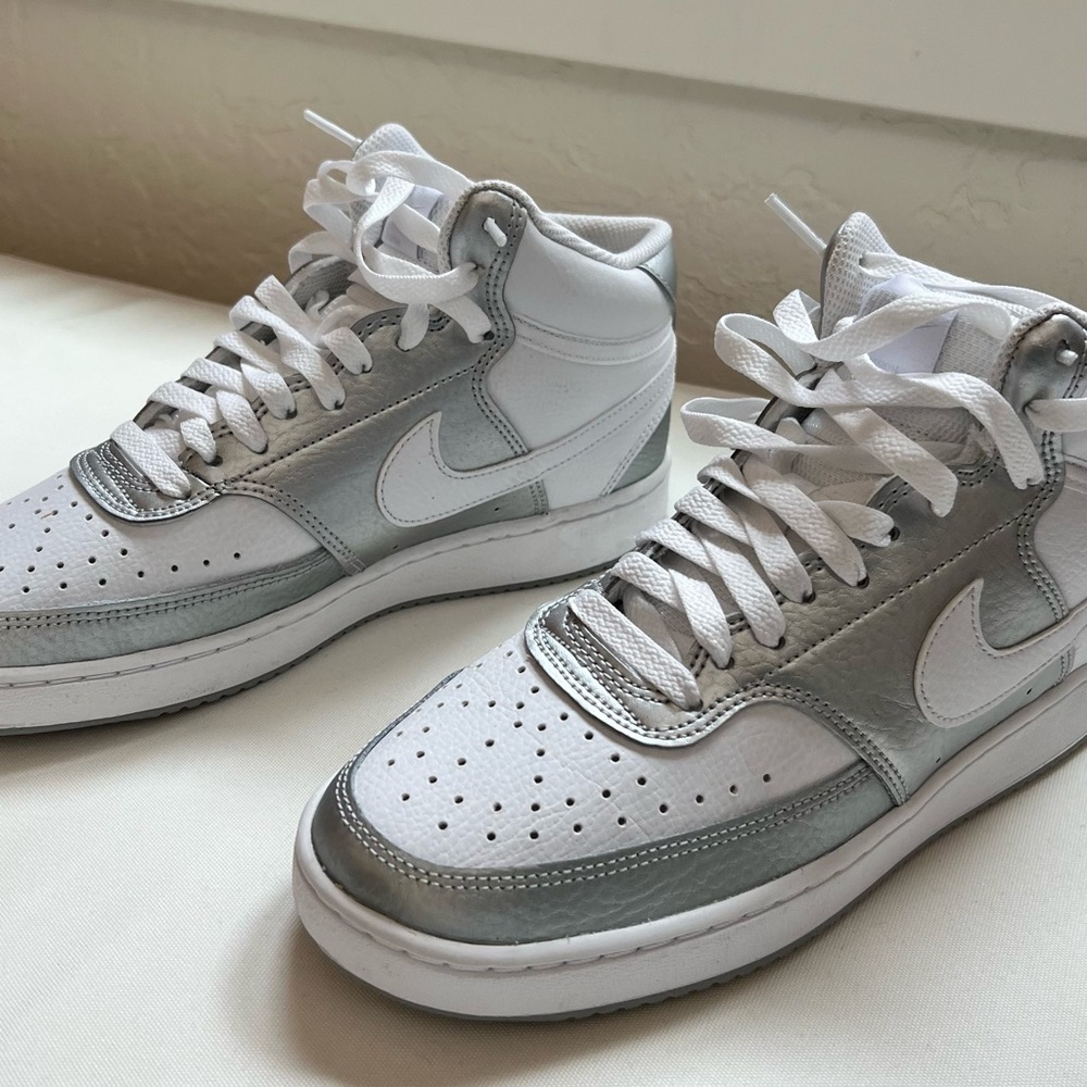 Nike Women’s Court Vision Mid – White/Metallic Silver Sneakers, Size 8.5, New